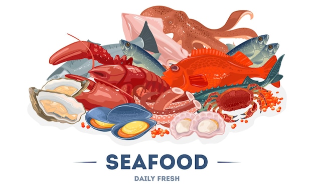 Vector assortment, big variety of fresh seafood in fish market, supermarket