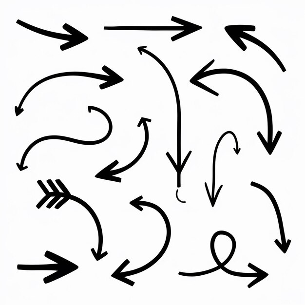 Assortment of Dynamic Black Arrows Varied in Direction Length and Curve