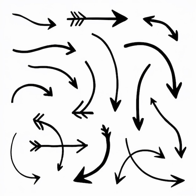 Assortment of Dynamic Black Arrows Varied in Direction Length and Curve