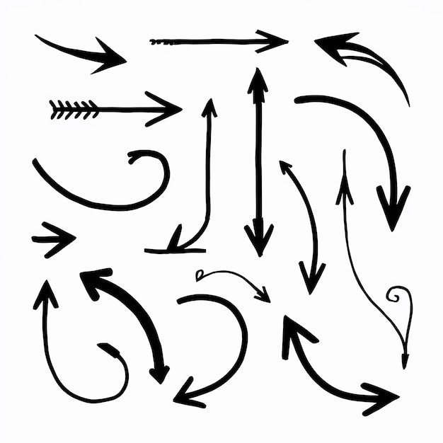 Vector assortment of dynamic black arrows varied in direction length and curve