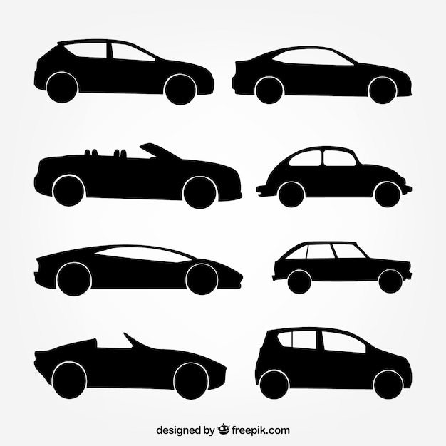 Vector assortment of eight car silhouettes with great designs