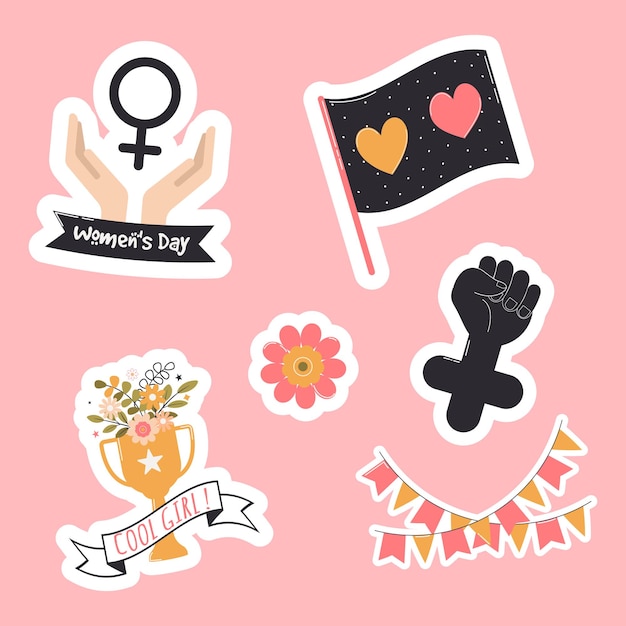 Vector assortment of feminist themed stickers featuring symbols of empowerment