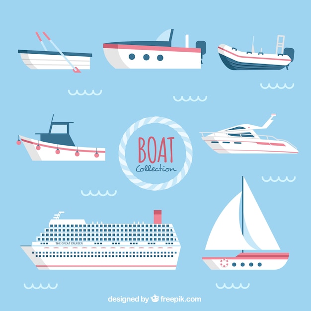 Vector assortment of flat boats with red details