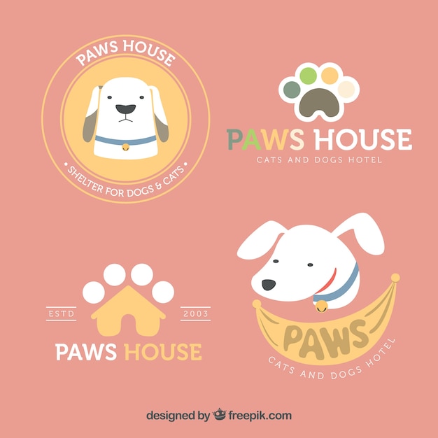 Assortment of four dog logos in flat design