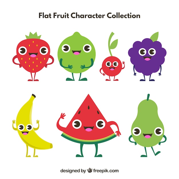Vettore assortimento di personaggi di frutta in disegno piatto