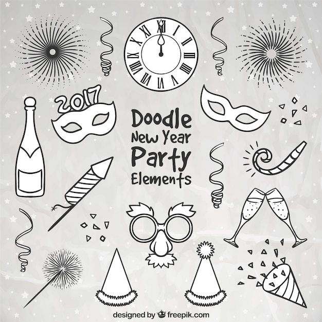 Assortment of hand drawn new year party accessories