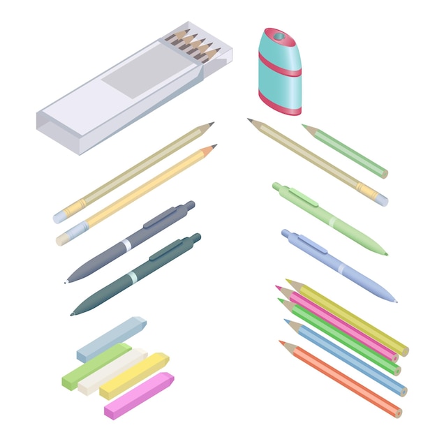 Assortment of office supplies in 3D isometric style