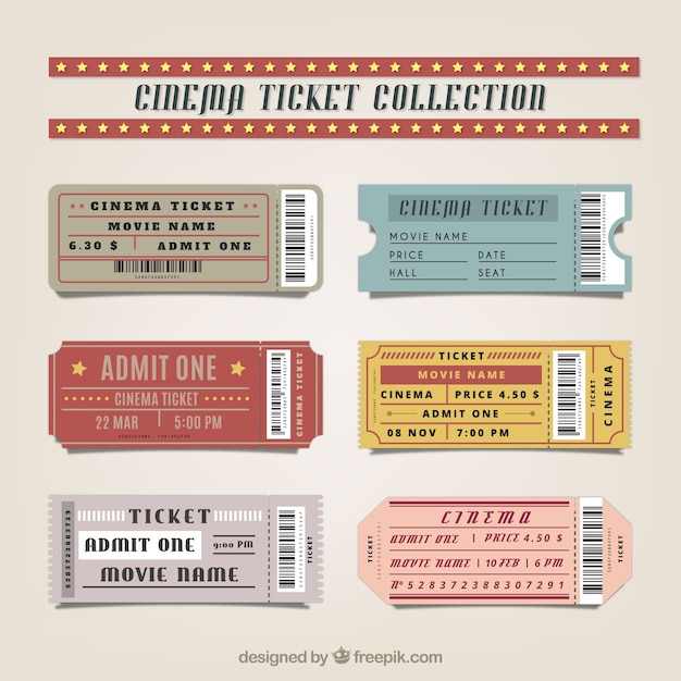 Vector assortment of six flat cinema tickets