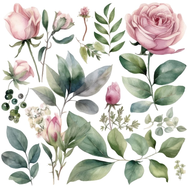 Vector assortment of watercolor leaves and flowers