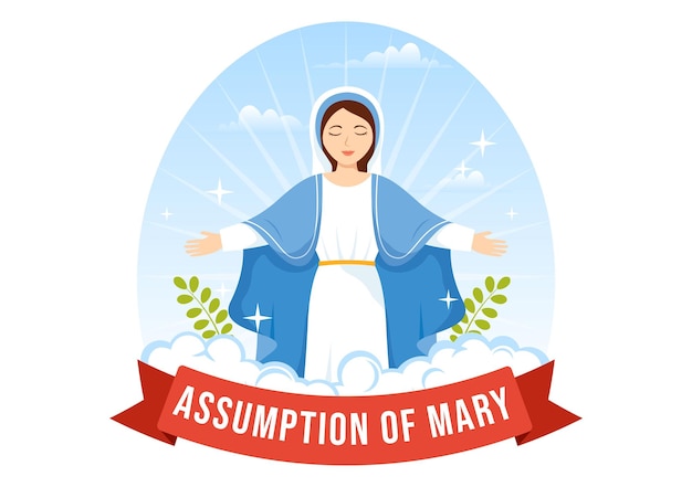 Assumption of Mary Illustration with Feast of the Blessed Virgin and Doves in Heaven in Flat Cartoon