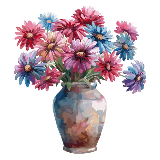 Aster Flowers in Vase set watercolor isolated on white background