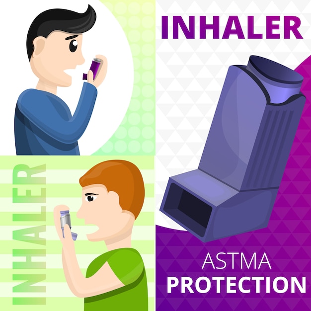 Astma-inhalator banner set, cartoon stijl