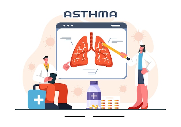 Astma ziekte vector illustratie met menselijke longen en inhalatoren voor het ademen in een gezondheidszorg platte stijl cartoon achtergrond