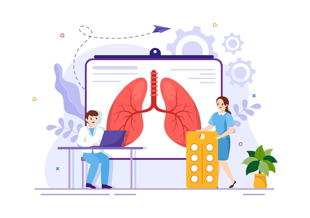 Astmaziekte vectorillustratie met menselijke long en inhalator voor ademhaling in gezondheidszorgsjablonen