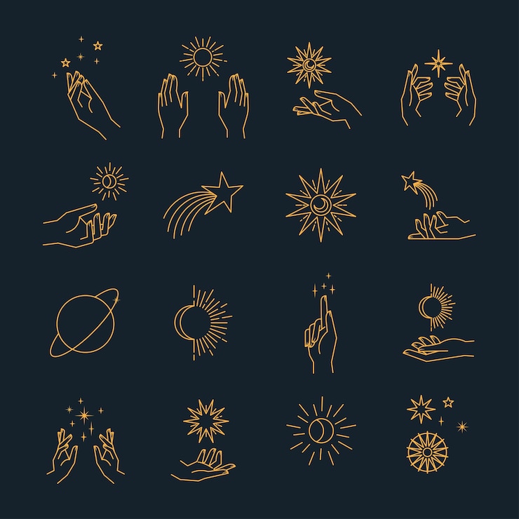 Vector astral elements astrology symbols hands planets sun moon cosmos and esoteric illustrations