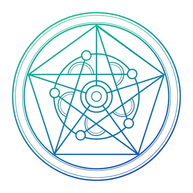 Astrale geometrie in een cirkel Alchemistische magische cirkel Een blauw pentagram met een ster erin