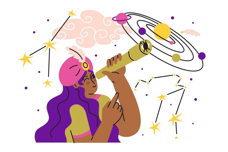 Vector astrologer observes the positions of the planets astrology and business drawing up a horoscope according to the natal chart consultation of clients flat style in vector illustration