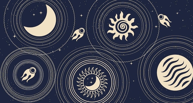 astrological background in boho style golden mystical esoteric symbols of the moon sun stars