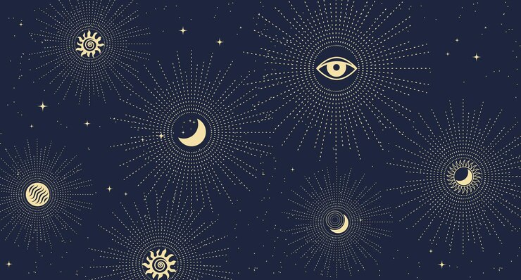 Vector astrological background in boho style golden mystical esoteric symbols of the moon sun stars