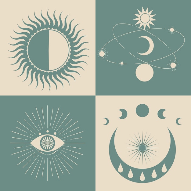 Astrological esoteric symbols Sun stars planets moon crescent