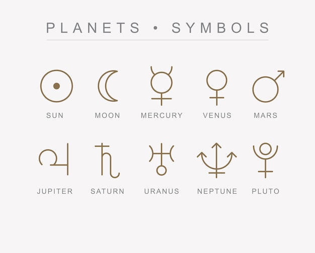Vector astrological planets symbols vectorsun moon mercury venus mars jupiter saturn uranus neptune pluto