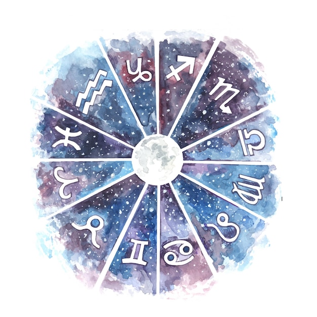 Astrological signs concept on dark starry sky circle watercfolor hand drawn