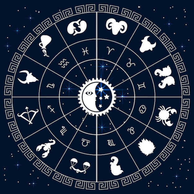 밤하늘에 달과 태양이 있는 신비한 원 안에 있는 조디악의 점성술적 징후. 점성