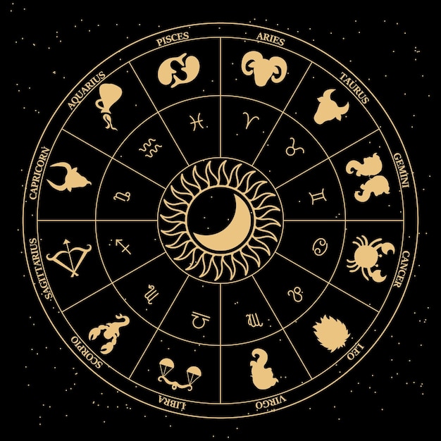 Astrological signs of the zodiac in a mystical circle with the sun on a cosmic background. Horoscope