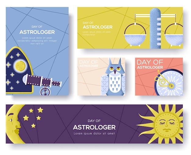 Astrologie iconen ontwerp illustratie. platte horoscoop items concept. tijdschriften, poster, boekomslag, banners. lay-out illustratie moderne schuifpagina. korrelstructuur en ruiseffect.