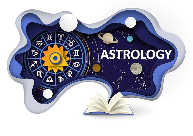 Astrologie wetenschap banner met geopende boek en sterrenbeelden