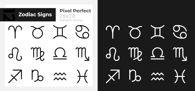 Astrologische tekens pixel perfecte lineaire pictogrammen ingesteld voor donkere lichtmodus