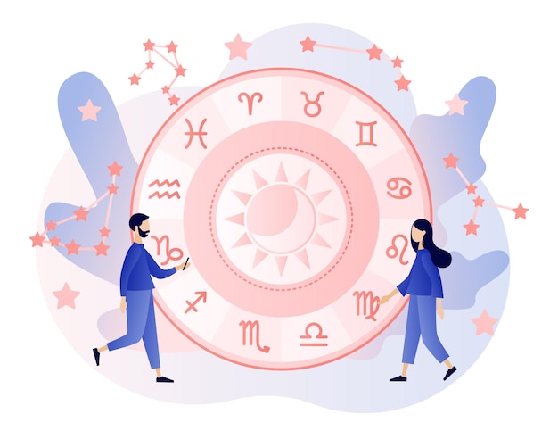 Vettore concetto di scienza astrologica piccoli astrologi che leggono la carta natale previsioni astrologichezodiac