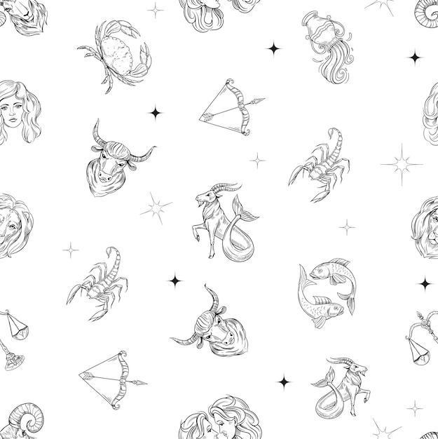Astrology signs seamless pattern design zodiac outline simbols Vector set illustration