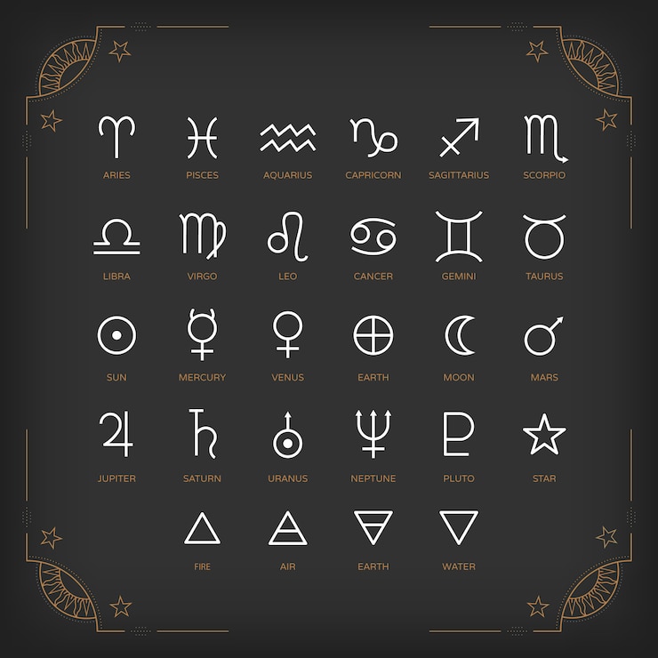 वेक्टर astrology symbols and mystic signs. set of astrological graphic  elements.  icons collection.