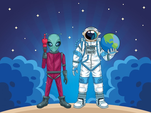 Vector astronaut and alien in the space characters  illustration