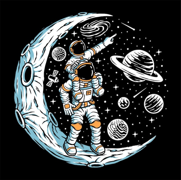 Вектор Астронавт и его сын на луне иллюстрации