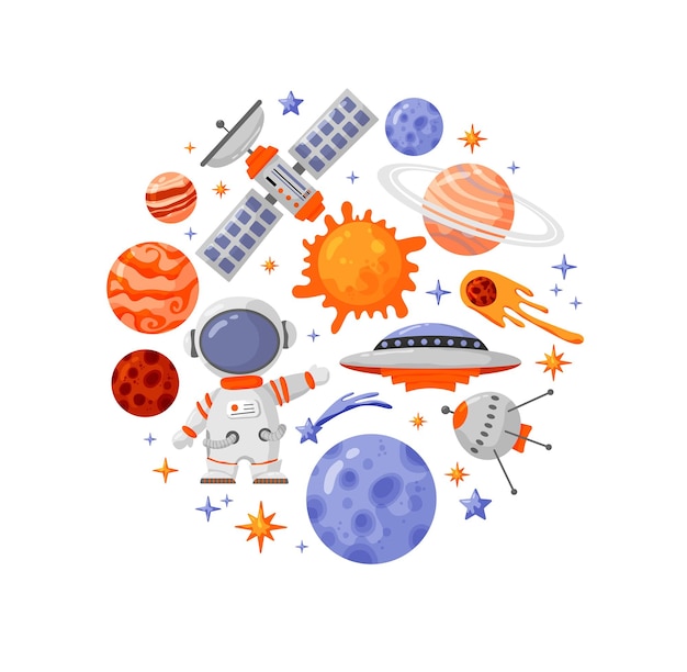 ベクトル 維に印刷されたポスターの宇宙飛行士と宇宙要素の構成