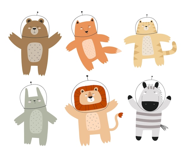 astronaut animal set Colorful vector illustration for kids