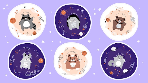 Astronaut animals, animals flying in space, children's illustrations on the space theme, spaceships