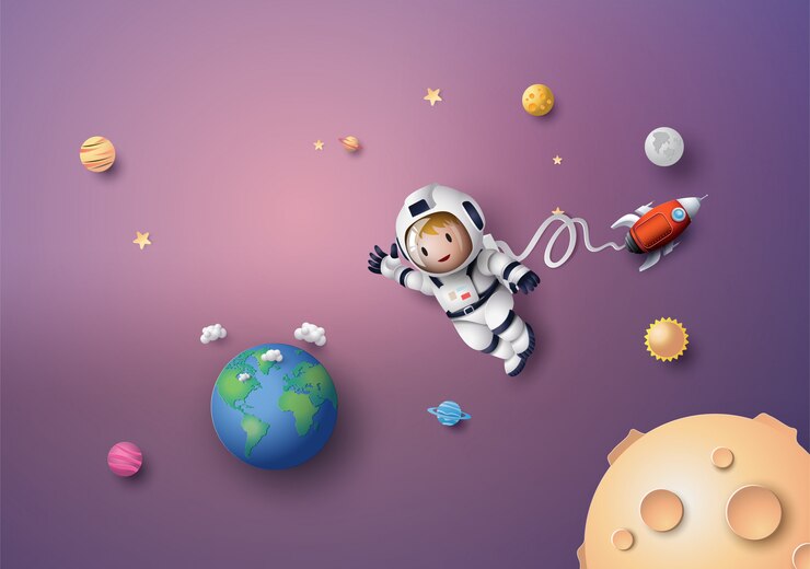 Vector astronaut astronaut floating in the stratosphere . paper art and craft style.