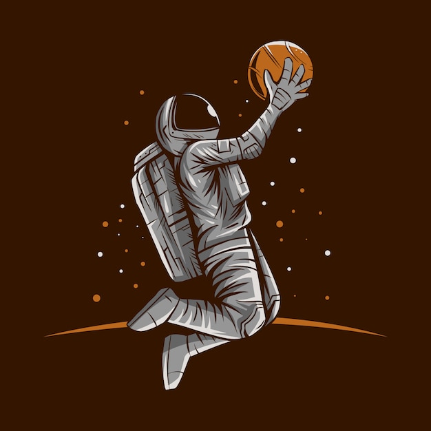 宇宙飛行士のバスケットボールスラムダンクイラストデザイン プレミアムベクター