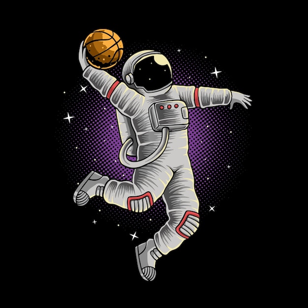 Astronauta basket slam dunk nello spazio illustrazione vettore premium