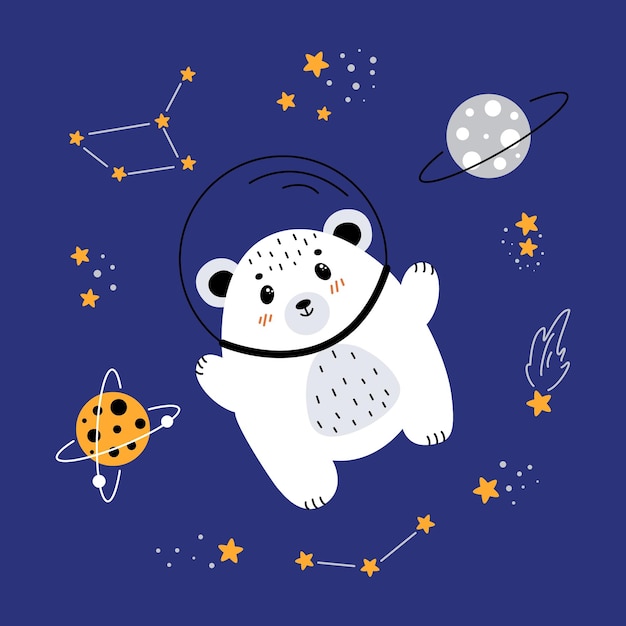 宇宙飛行士のクマ、宇宙を飛ぶクマ、宇宙をテーマにした子供のイラスト、宇宙船、エイリアン