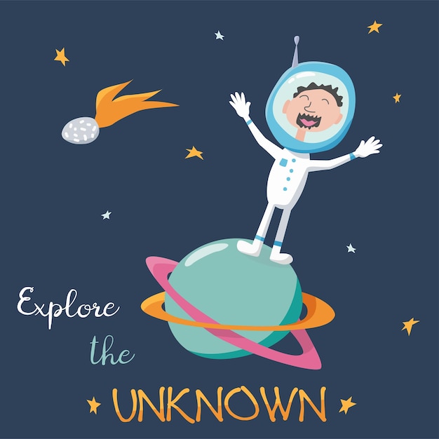 Astronaut blijft op Saturnus en verwelkomt ons Spaceman Slogan Verken het thema Unknown Space voor ontwerp