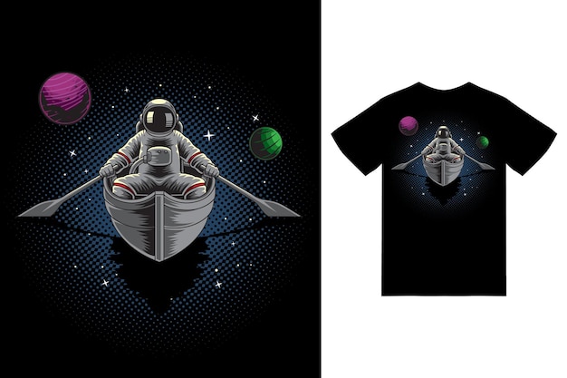 티셔츠 디자인 프리미엄 벡터가 있는 보트 그림의 우주 비행사