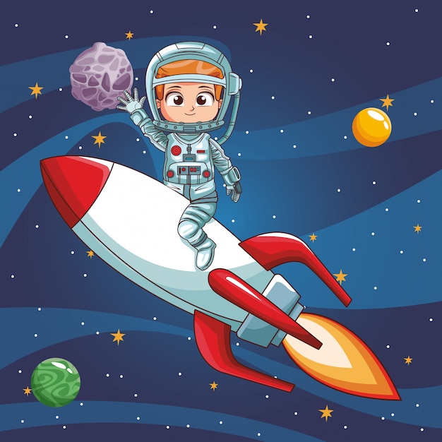 Мальчик-космонавт, летящий на космическом корабле
