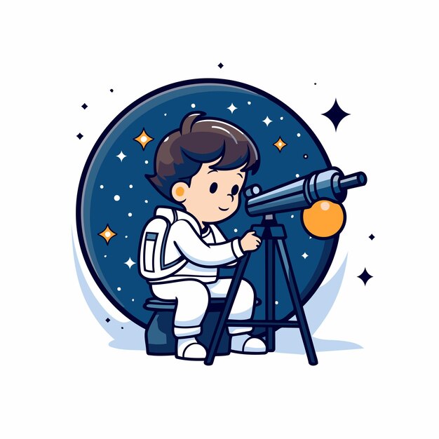 Vector astronaut boy with telescope vector illustration in cartoon style