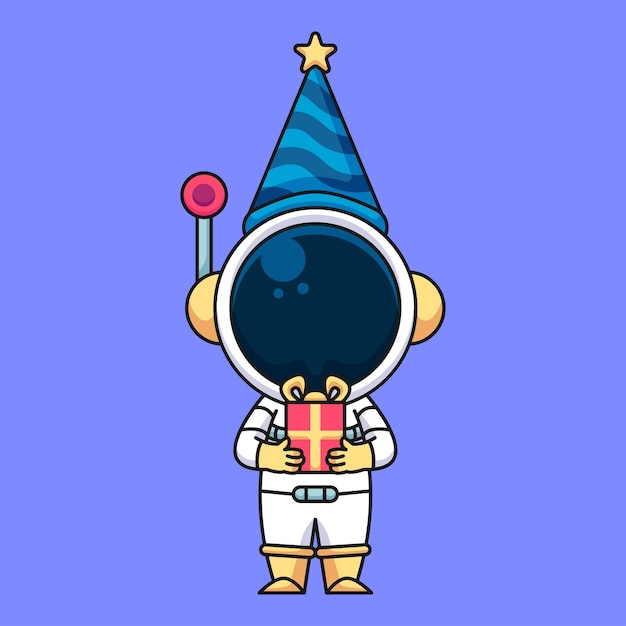 Astronaut brings birthday gift cute cartoon icon illustration