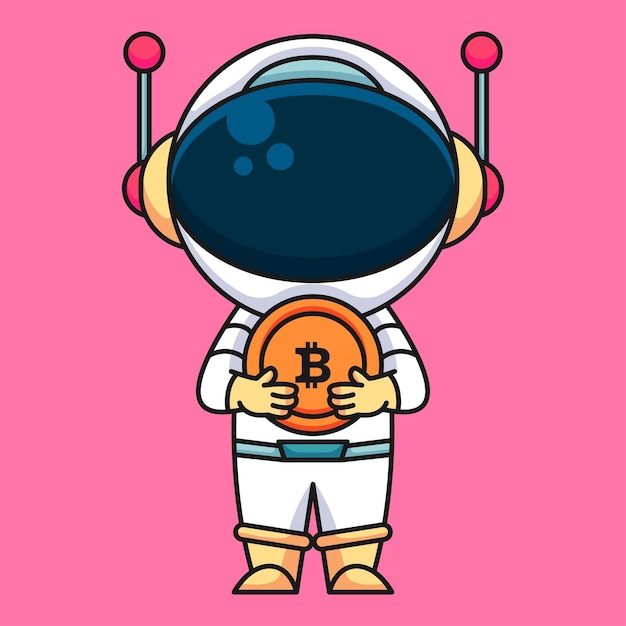 ビットコイン暗号通貨コインかわいい漫画アイコンイラストを運ぶ宇宙飛行士