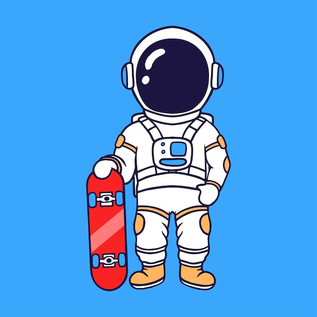 Astronaut cartoon illustration holding skateboard